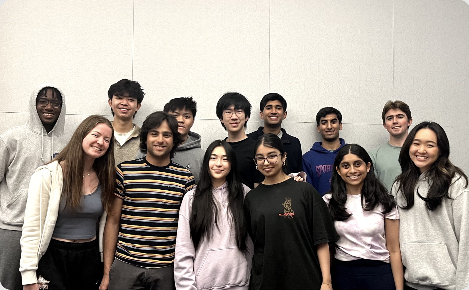 Developers and team leadership for the Homestart team. Two rows of students standing in front of a white wall.